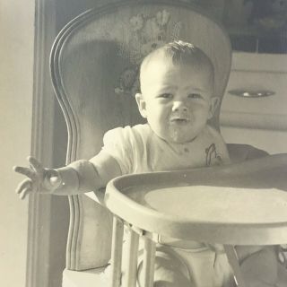 Vintage 1950s Black And White Photo Baby Boy Sitting High Chair Crying Kitchen