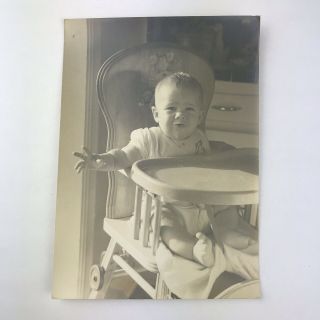 Vintage 1950s Black and White Photo Baby Boy Sitting High Chair Crying Kitchen 2