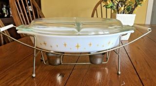 Pyrex Constellation Divided Serving Dish With Lid And Warming Cradle.