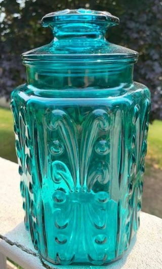 Vintage Le Smith Atterbury Scroll Pressed Glass Canister 9 " Teal Blue