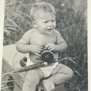 Vintage Black And White Photo Baby Boy Holding Fishing Pole Sitting Tackle Box