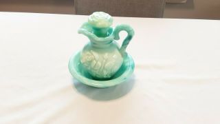 Vintage Avon Green Marbled Milk Glass Pitcher W/bowl 2 Piece Set