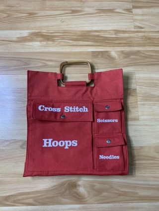 Cross Stitch Sewing Knitting Bag Tote Pockets Wood Handle Vintage 14x14 Red