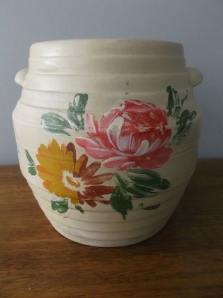 Vintage Beige Stoneware Ribbed Barrel Crock Cookie Jar W/hand Painted Flowers