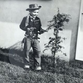 Vintage Black And White Photo Little Boy Cowboy Costume Pointing Toy Guns
