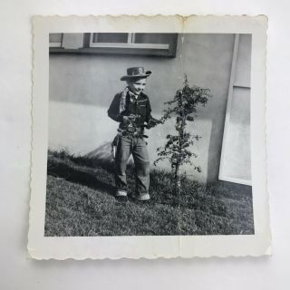 Vintage Black and White Photo Little Boy Cowboy Costume Pointing Toy Guns 2