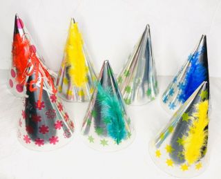 7 Vintage 1980s 1990s Silver Paper Cardboard Birthday Party Cone Hats Feather