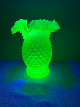 Vintage Vaseline Opalescent Glass Hobnail Ruffled Edge Vase Uranium Glows