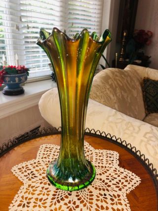 Vtg Fenton Ribbed Green/orange Iridescent Carnival Glass Swung 10 1/4 " Tall Vase