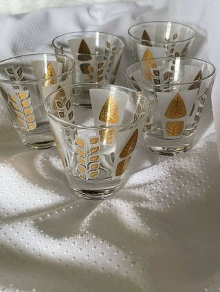 Fred Press Barware Mcm Double Shot Glasses 2.  75” Gold Leaves Frosted Set Of 5
