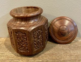 Vintage Brown Wooden Jar With Lid Hand Carved Container Very Striking Piece