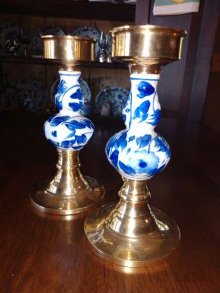 Vintage Solid Brass Blue/white Porcelain Candle Stick Holders 7 "