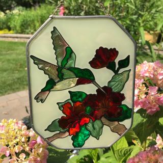 Vintage Stained Glass Sun Catcher Hummingbird And Red Flowers Window Ornament