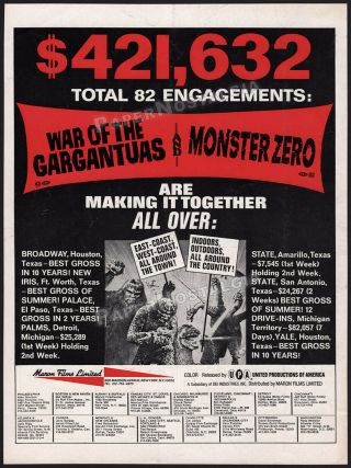 War Of The Gargantuas / Monster Zero_original 1970 Trade Print Ad / Advert