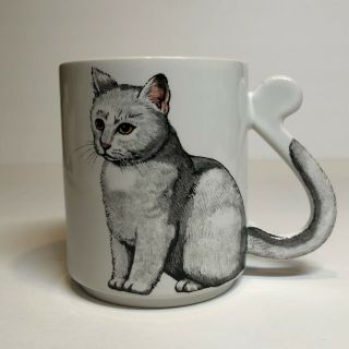 Vintage Grey Cat Mug With Tail Handle Japan Feline