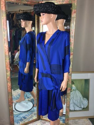 Vtg 80s Royal Blue & Black Geometric Dress Dolman Sleeve 3/4 Drop Waist L/xl