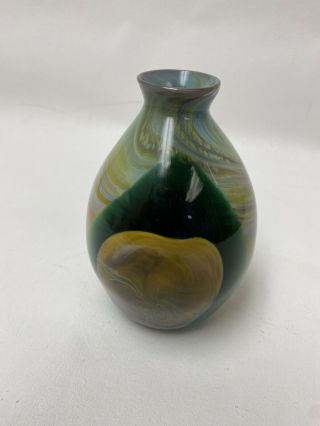 Salamandra Art Glass 6” Tall Vase Dated 1979? Green Marbled