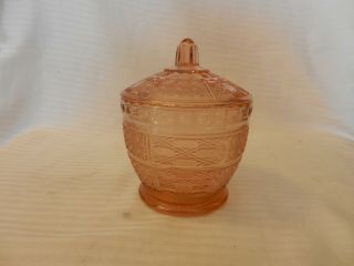 Vintage Pink Glass Covered Sugar Bowl Or Candy Dish 5.  5 " Tall Raised Details