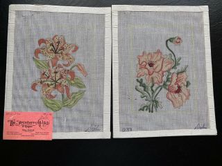 Vintage Set Of 2 Orange Flowers Floral Handpainted Needlepoint Canvas