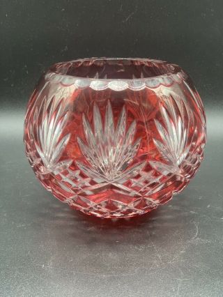 Vintage Bohemian Czech Art Glass Cranberry Red Cut To Clear Rose Bowl 3” X 3.  5”