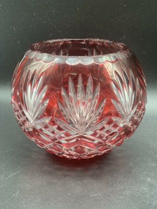 Vintage Bohemian Czech Art Glass Cranberry Red Cut To Clear Rose Bowl 3” x 3.  5” 2