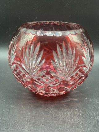 Vintage Bohemian Czech Art Glass Cranberry Red Cut To Clear Rose Bowl 3” x 3.  5” 3