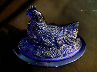 Large Cobalt Blue Glass Hen On Nest Covered Dish 8 " Long No Makers Mark