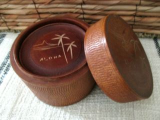 Vintage Mid Century Tiki Bar Hand Made Hand Carved Wood Coaster Set Hawaii