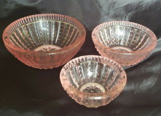 Vintage L.  E.  Smith Hobnail Pink Depression Glass Set Of 3 Miniature Mixing Bowls