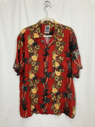 Men’s Vintage Ocean Current Fire Print Button - Up Polo Red Shirt Size L