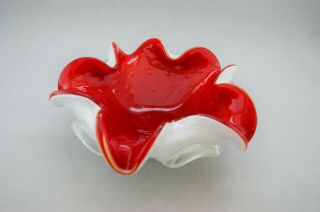 Vintage Mid Century Murano Art Glass Candy Dish Strawberry Red And White