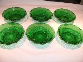 6 Cereal Soup Salad Bowls Forest Green Glass Anchor Hocking Swirl Diamond Ruffle