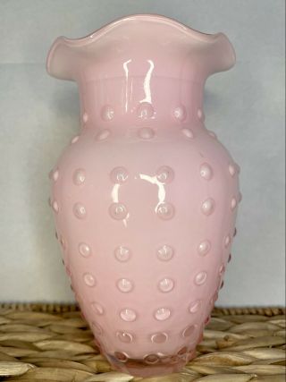 Fenton Milk Glass Rare Unique Hobnail Petal Pink Overlay Ruffled Vase 7 " Euc