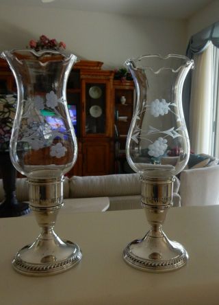 Vintage Preisner Hurricane Lamps Sterling Bases Cut Etched Glass Tops 3 Piece