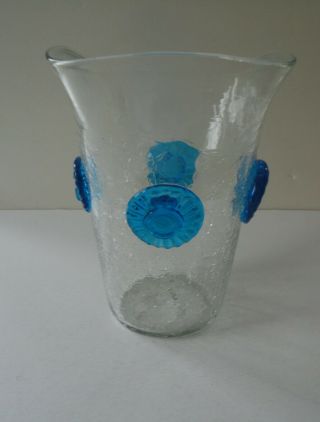 Mcm Modern Blenko Glass Clear Crackle With 4 Applied Blue Rosettes 439 9 " Vase