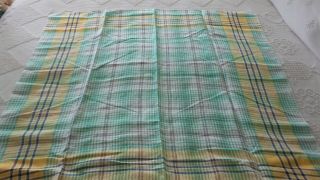 Vintage Linen Tablecloth Green,  Yellow,  Black Plaid 44 " X44 "
