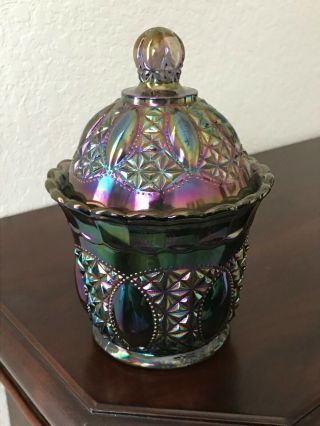 Vintage Imperial Beaded Jewel Jar With Lid Electric Smoke/peacock Carnival Glass