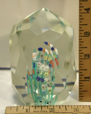 Vintage Murano Italy Glass Paperweight Faceted Millefiori Flowers W/ribbon Stems
