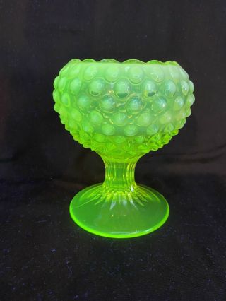 Fenton Topaz Opalescent Hobnail Vaseline Glass Rolled Scolloped Top Vase