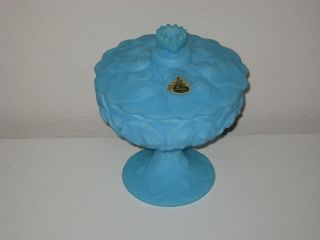 Vintage Fenton Blue Satin Custard Covered Compote Candy Dish Water Lily Pattern