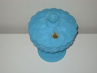 Vintage FENTON Blue Satin Custard Covered Compote Candy Dish Water Lily Pattern 2