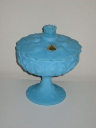 Vintage FENTON Blue Satin Custard Covered Compote Candy Dish Water Lily Pattern 3