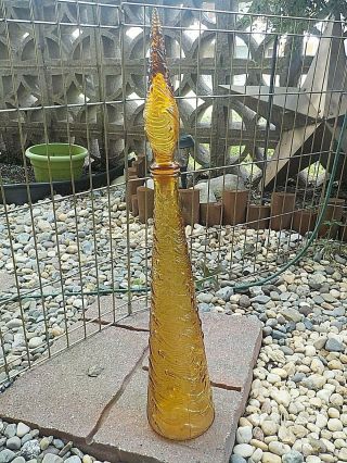 Vintage Mcm Amber Art Glass Genie Bottle Waves Design 22” Tall Made In Italy
