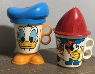 2 Vintage Walt Disney World Plastic Cups With Lids Donald Duck & Mickey Mouse