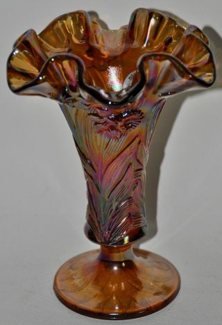 Fenton Art Glass Amber Iridescent Panel Trumpet Vase Daffodils Ruffled Edge