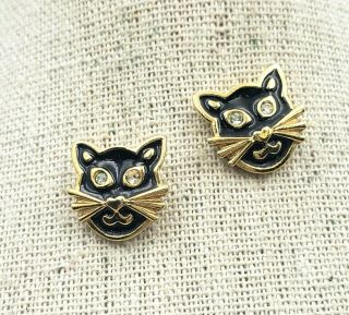 Vintage Avon Gold Tone Black Enamel Rhinestone Cat Stud Earrings