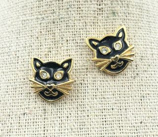 Vintage Avon Gold Tone Black Enamel Rhinestone Cat Stud Earrings 2