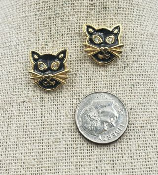 Vintage Avon Gold Tone Black Enamel Rhinestone Cat Stud Earrings 3