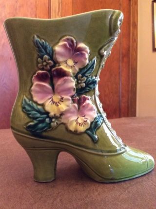 Vintage Ceramic Victorian Boot Vase Green With Flowers