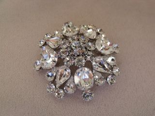 Vintage Large Sparkly White Crystal Brooch Silver Tone